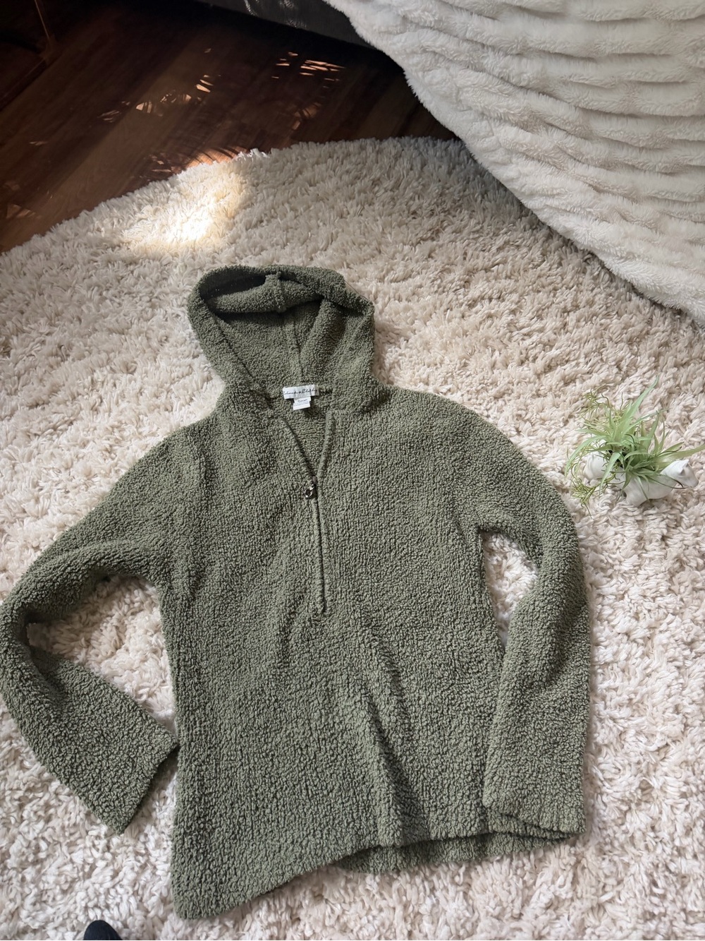 chic Olive Green Sherpa comfy fall autumn cute Cowl Half-Zip Hoodie Sweater